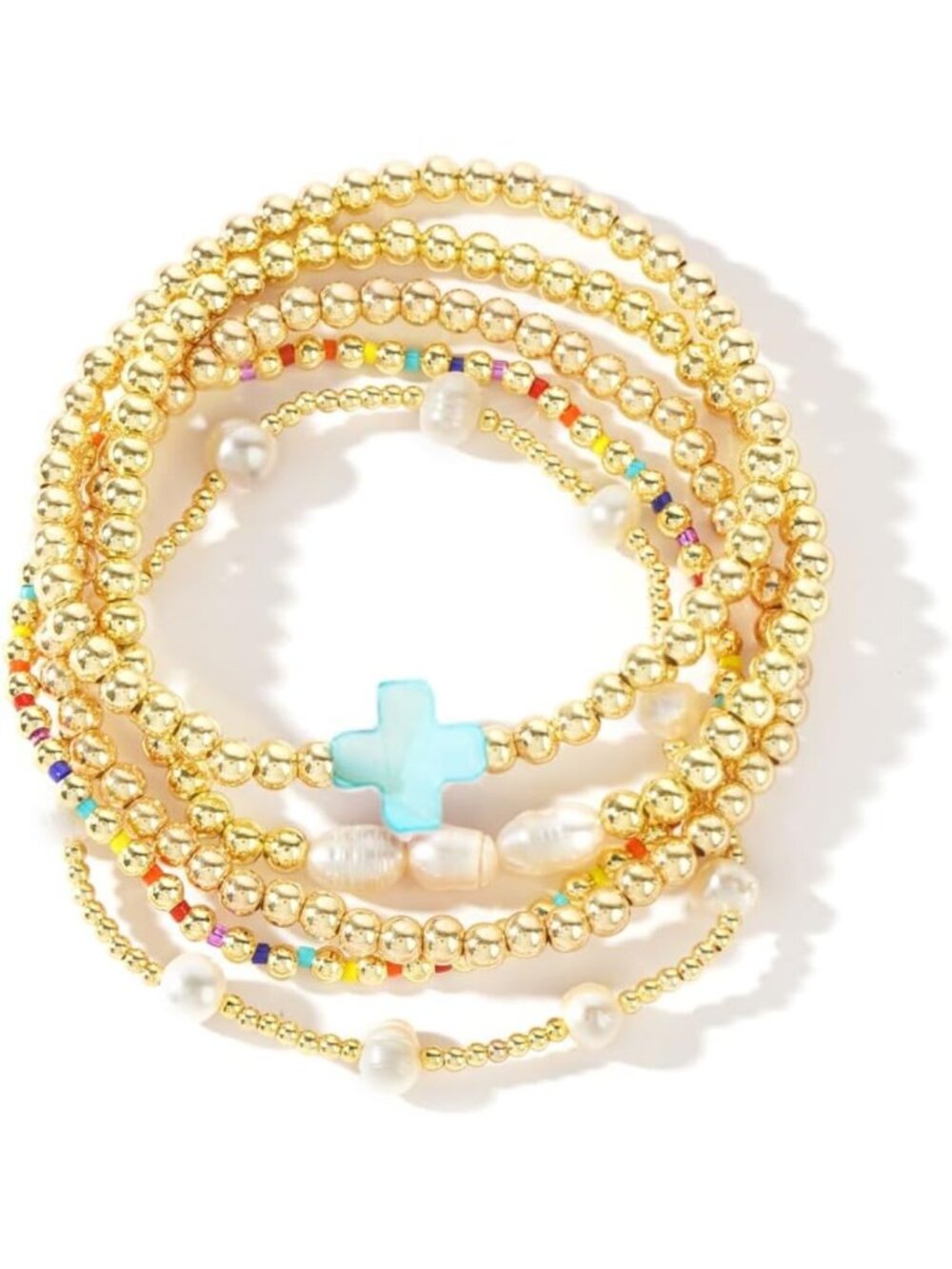 14K Gold Plated Pearl Beaded Cross Bracelets Stack Set - Boho Colorful Jewelry